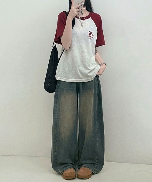 Emilie(エミリー)の「配色ラグラン半袖Tシャツ(Tシャツ/カットソー・レディース・ネイビー/ライトグレー/オートミール・FREE)」の8枚目の写真