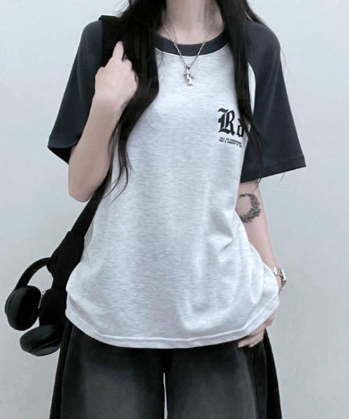 Emilie(エミリー)の「配色ラグラン半袖Tシャツ(Tシャツ/カットソー・レディース・ネイビー/ライトグレー/オートミール・FREE)」の10枚目の写真