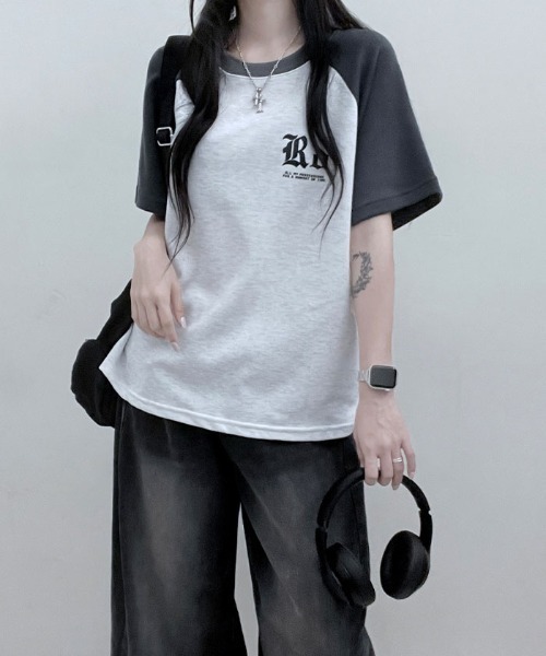 Emilie(エミリー)の「配色ラグラン半袖Tシャツ(Tシャツ/カットソー・レディース・ネイビー/ライトグレー/オートミール・FREE)」の11枚目の写真