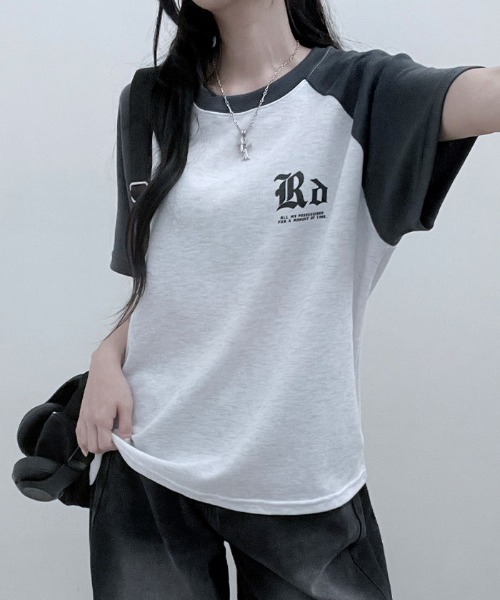 Emilie(エミリー)の「配色ラグラン半袖Tシャツ(Tシャツ/カットソー・レディース・ネイビー/ライトグレー/オートミール・FREE)」の12枚目の写真