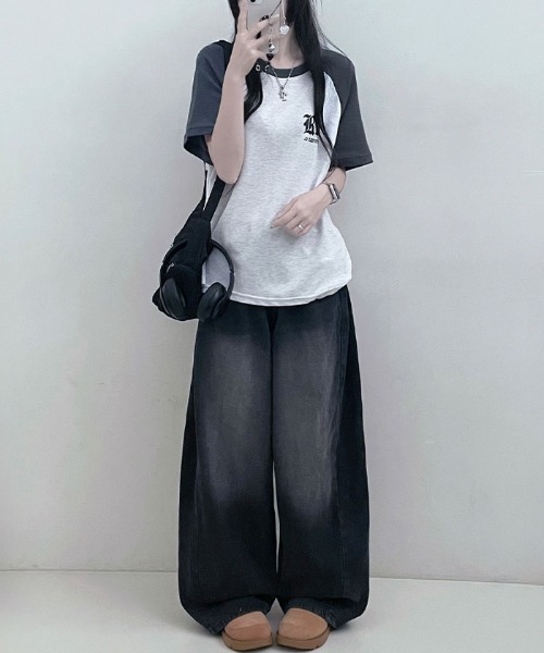Emilie(エミリー)の「配色ラグラン半袖Tシャツ(Tシャツ/カットソー・レディース・ネイビー/ライトグレー/オートミール・FREE)」の14枚目の写真