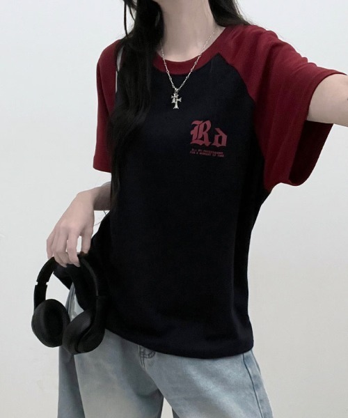 Emilie(エミリー)の「配色ラグラン半袖Tシャツ(Tシャツ/カットソー・レディース・ネイビー/ライトグレー/オートミール・FREE)」の17枚目の写真