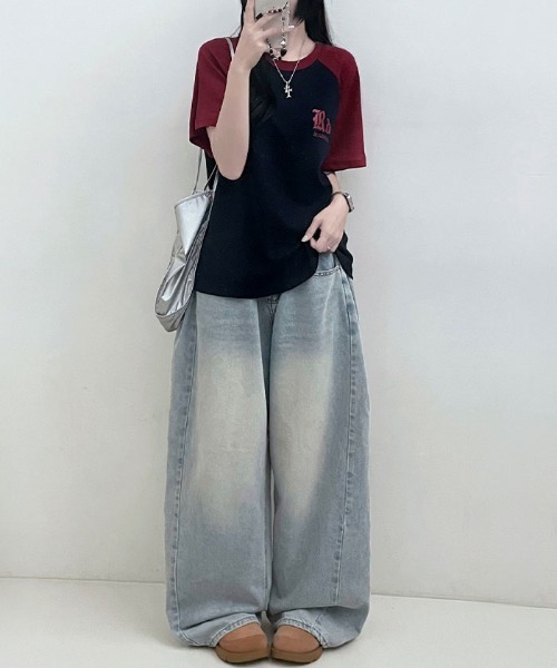 Emilie(エミリー)の「配色ラグラン半袖Tシャツ(Tシャツ/カットソー・レディース・ネイビー/ライトグレー/オートミール・FREE)」の21枚目の写真