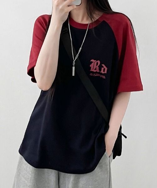 Emilie(エミリー)の「配色ラグラン半袖Tシャツ(Tシャツ/カットソー・レディース・ネイビー/ライトグレー/オートミール・FREE)」の15枚目の写真