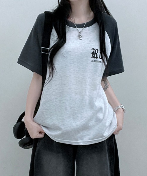 Emilie(エミリー)の「配色ラグラン半袖Tシャツ(Tシャツ/カットソー・レディース・ネイビー/ライトグレー/オートミール・FREE)」の9枚目の写真