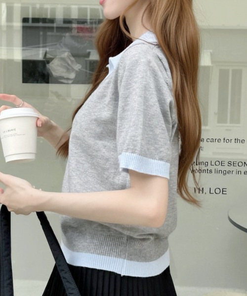 Ada.(エイダ)の「配色 レイヤード風 襟付き Vネック 半袖 ニット トップス(ニット/セーター・レディース・グレー/アイボリー/ネイビー・FREE)」の13枚目の写真