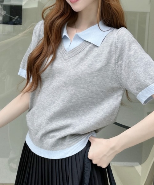Ada.(エイダ)の「配色 レイヤード風 襟付き Vネック 半袖 ニット トップス(ニット/セーター・レディース・グレー/アイボリー/ネイビー・FREE)」の12枚目の写真