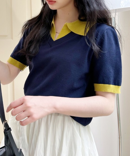 Ada.(エイダ)の「配色 レイヤード風 襟付き Vネック 半袖 ニット トップス(ニット/セーター・レディース・グレー/アイボリー/ネイビー・FREE)」の16枚目の写真