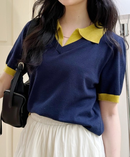 Ada.(エイダ)の「配色 レイヤード風 襟付き Vネック 半袖 ニット トップス(ニット/セーター・レディース・グレー/アイボリー/ネイビー・FREE)」の17枚目の写真