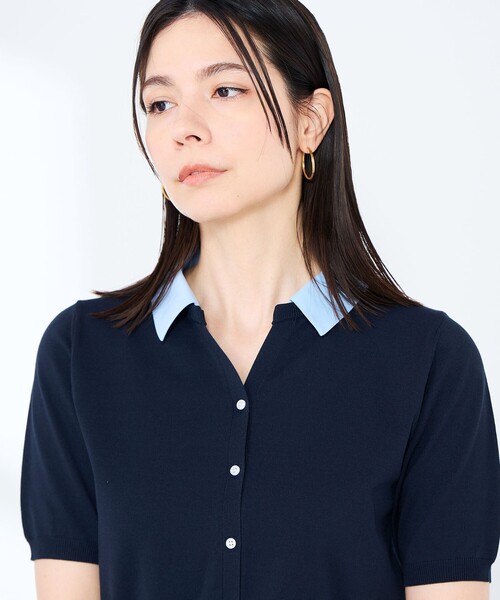 NOLLEY’S Sophi（ノーリーズソフィ）の「《手洗い可能/セットアップ対応》布帛襟取り外し可裾布帛半袖カーディガン（カーディガン/ボレロ・レディース・ダークネイビー/オフホワイト・38）」の2枚目の写真