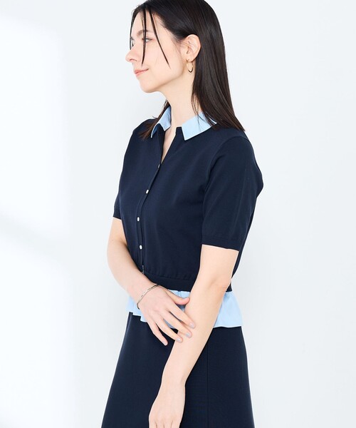 NOLLEY’S Sophi（ノーリーズソフィ）の「《手洗い可能/セットアップ対応》布帛襟取り外し可裾布帛半袖カーディガン（カーディガン/ボレロ・レディース・ダークネイビー/オフホワイト・38）」の5枚目の写真