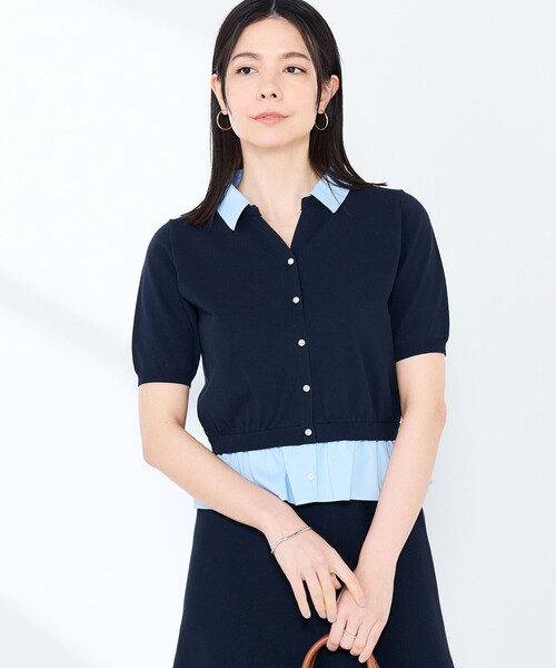 NOLLEY’S Sophi（ノーリーズソフィ）の「《手洗い可能/セットアップ対応》布帛襟取り外し可裾布帛半袖カーディガン（カーディガン/ボレロ・レディース・ダークネイビー/オフホワイト・38）」の10枚目の写真