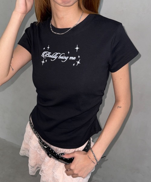 Bamm(バム)の「サイドギャザーロゴTシャツ(Tシャツ/カットソー・レディース・ライトブルー/ホワイト/ブラック・FREE)」の2枚目の写真