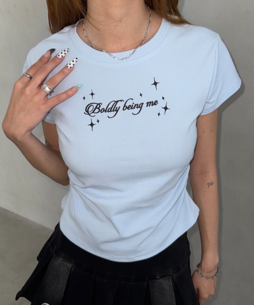 Bamm(バム)の「サイドギャザーロゴTシャツ(Tシャツ/カットソー・レディース・ライトブルー/ホワイト/ブラック・FREE)」の5枚目の写真