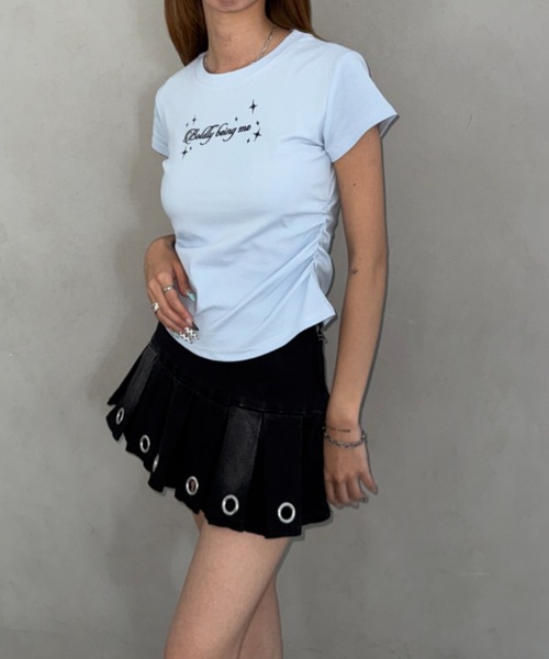 Bamm(バム)の「サイドギャザーロゴTシャツ(Tシャツ/カットソー・レディース・ライトブルー/ホワイト/ブラック・FREE)」の4枚目の写真