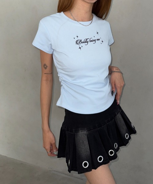Bamm(バム)の「サイドギャザーロゴTシャツ(Tシャツ/カットソー・レディース・ライトブルー/ホワイト/ブラック・FREE)」の6枚目の写真