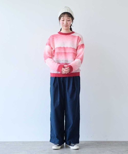 bulle de savon(ビュルデサボン)の「ナイロン/モへヤ/ウール gradient 透かし編みプルオーバー(ニット/セーター・レディース・ブルー/ピンク/チャコールグレー・FREE)」の4枚目の写真
