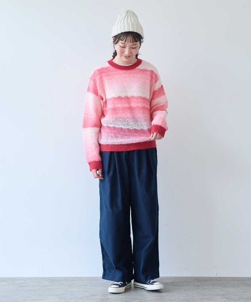 bulle de savon(ビュルデサボン)の「ナイロン/モへヤ/ウール gradient 透かし編みプルオーバー(ニット/セーター・レディース・ブルー/ピンク/チャコールグレー・FREE)」の7枚目の写真