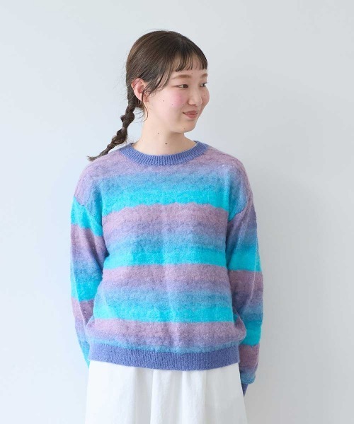 bulle de savon(ビュルデサボン)の「ナイロン/モへヤ/ウール gradient 透かし編みプルオーバー(ニット/セーター・レディース・ブルー/ピンク/チャコールグレー・FREE)」の12枚目の写真