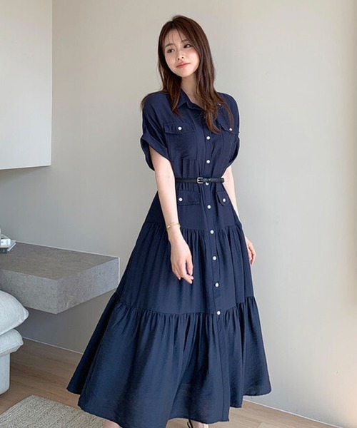 2ly2(トゥーリートゥー)の「シャツワンピース レディース 半袖 ロング丈 ティアード ベルト付き(ワンピース・レディース・ネイビー・FREE)」の9枚目の写真