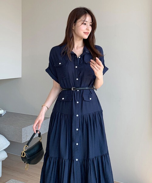 2ly2(トゥーリートゥー)の「シャツワンピース レディース 半袖 ロング丈 ティアード ベルト付き(ワンピース・レディース・ネイビー・FREE)」の16枚目の写真