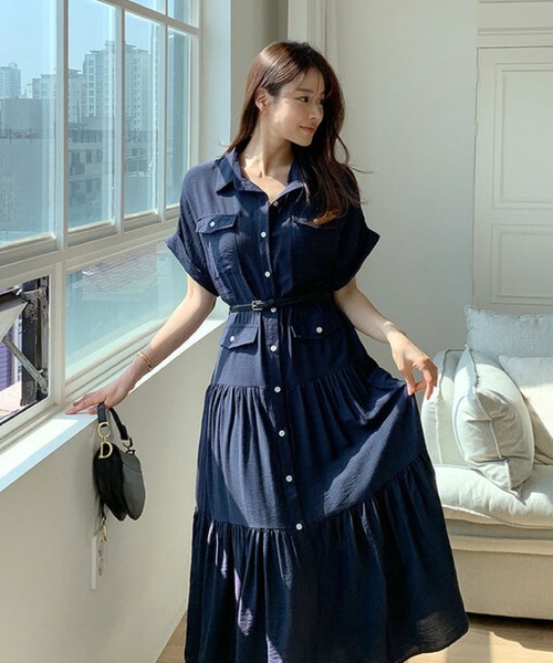 2ly2(トゥーリートゥー)の「シャツワンピース レディース 半袖 ロング丈 ティアード ベルト付き(ワンピース・レディース・ネイビー・FREE)」の17枚目の写真