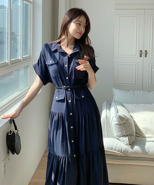 2ly2(トゥーリートゥー)の「シャツワンピース レディース 半袖 ロング丈 ティアード ベルト付き(ワンピース・レディース・ネイビー・FREE)」の18枚目の写真