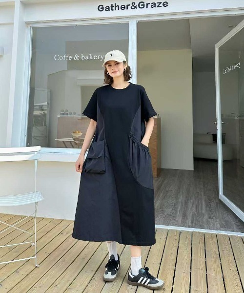 WESTSEA(ウエストシー)の「異素材切替デザイン アシンメトリー 半袖ロングワンピース バルーンシルエット ワンマイルワンピ(ワンピース・レディース・ブラック・FREE)」の4枚目の写真