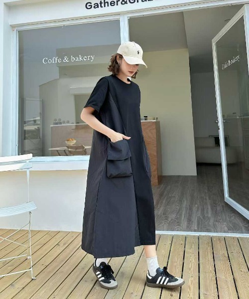 WESTSEA(ウエストシー)の「異素材切替デザイン アシンメトリー 半袖ロングワンピース バルーンシルエット ワンマイルワンピ(ワンピース・レディース・ブラック・FREE)」の5枚目の写真