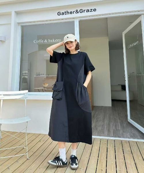 WESTSEA(ウエストシー)の「異素材切替デザイン アシンメトリー 半袖ロングワンピース バルーンシルエット ワンマイルワンピ(ワンピース・レディース・ブラック・FREE)」の6枚目の写真