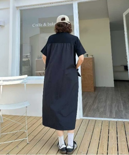 WESTSEA(ウエストシー)の「異素材切替デザイン アシンメトリー 半袖ロングワンピース バルーンシルエット ワンマイルワンピ(ワンピース・レディース・ブラック・FREE)」の7枚目の写真