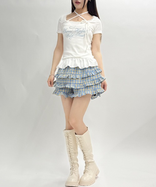HOOK（フック）の「HOOK for girls チェックティアード × フリルレイヤード キュロット (SS)（スカート・レディース・ブルー/ベージュ・FREE）」の4枚目の写真