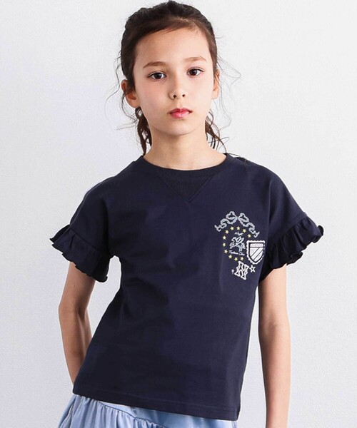 後ろ切り替えセーラー風パッチ刺しゅうTシャツ(110~150cm)（Tシャツ 