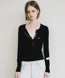 BUTTON HENLEY NECK TOP_BLACK