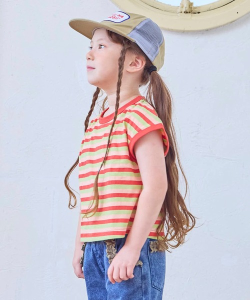 MARKEY'S(マーキーズ)の「先染めボーダーリンガーTシャツ(Tシャツ/カットソー・キッズ・チャコール/グリーン系その他/レッド系その他・150/140/130/120/110/100/95/90/80)」の5枚目の写真