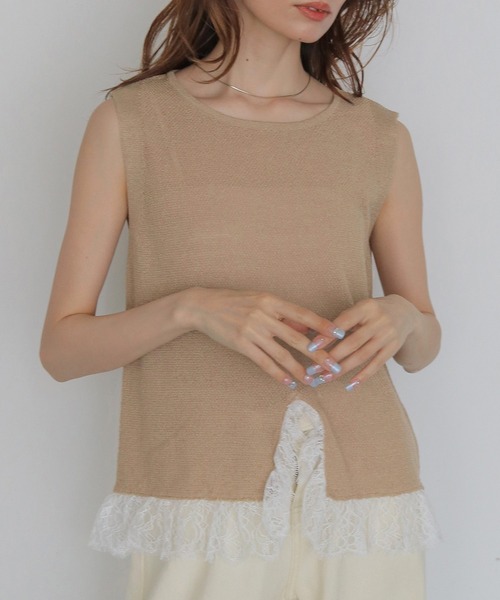 CLEIO(クレイオ)の「【CLEIO】レースドッキングニット LACE DOCKING KNIT TOPS(Tシャツ/カットソー・レディース・ブラウン/ベージュ/ブラック/アイボリー/ライトグリーン・FREE)」の5枚目の写真