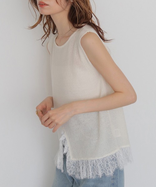 CLEIO(クレイオ)の「【CLEIO】レースドッキングニット LACE DOCKING KNIT TOPS(Tシャツ/カットソー・レディース・ブラウン/ベージュ/ブラック/アイボリー/ライトグリーン・FREE)」の2枚目の写真