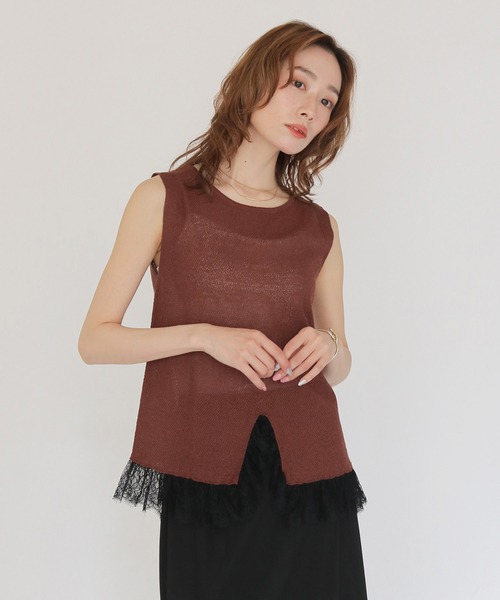 CLEIO(クレイオ)の「【CLEIO】レースドッキングニット LACE DOCKING KNIT TOPS(Tシャツ/カットソー・レディース・ブラウン/ベージュ/ブラック/アイボリー/ライトグリーン・FREE)」の9枚目の写真