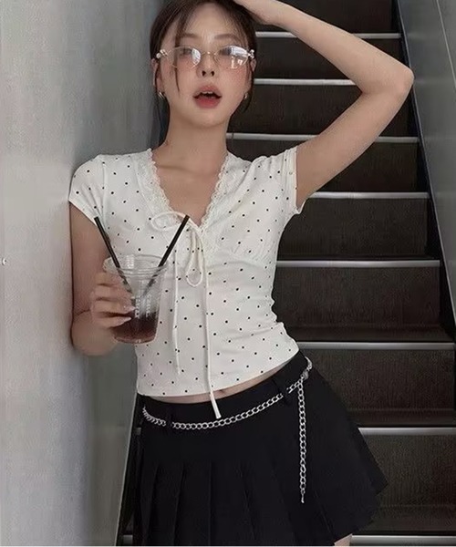 AsheKsha（アシクシャ）の「ドット柄レースのVネックトップス（Tシャツ/カットソー・レディース・ホワイト・M）」の10枚目の写真