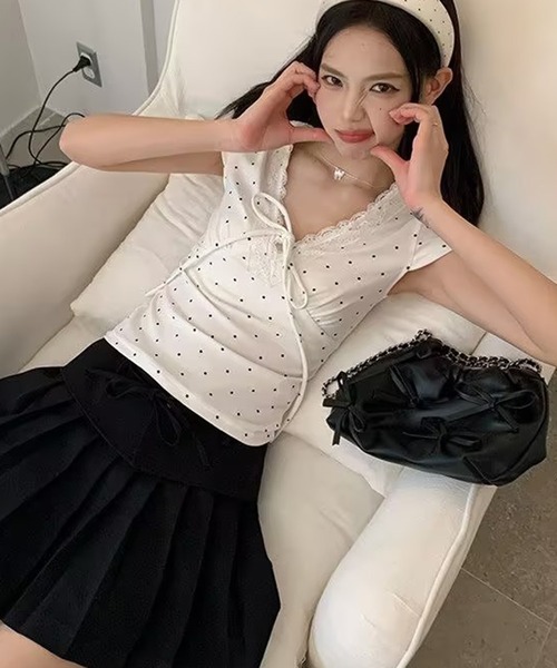 AsheKsha（アシクシャ）の「ドット柄レースのVネックトップス（Tシャツ/カットソー・レディース・ホワイト・M）」の11枚目の写真