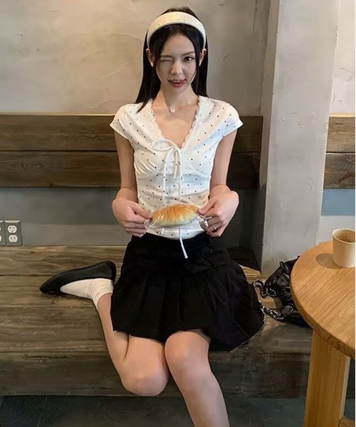 AsheKsha（アシクシャ）の「ドット柄レースのVネックトップス（Tシャツ/カットソー・レディース・ホワイト・M）」の16枚目の写真