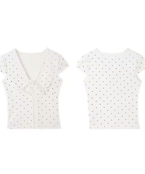 AsheKsha（アシクシャ）の「ドット柄レースのVネックトップス（Tシャツ/カットソー・レディース・ホワイト・M）」の4枚目の写真