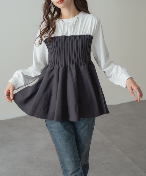 refinedworks(リファインドワークス)の「【refinedworks】ビスチェ風 ドッキング ペプラム トップス(Tシャツ/カットソー・レディース・チャコールグレー/ホワイト・FREE)」の3枚目の写真