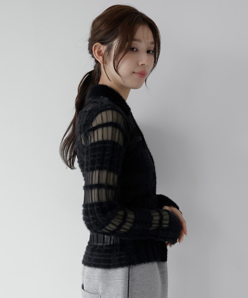 AMUU. PRECIEUSE（アムープレシューズ）の「シアーフェザーボーダーポロニット（ニット/セーター・レディース・ピンク/ブラック/アイボリー・FREE）」の21枚目の写真