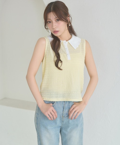 Ambre Neige(アンブルネージュ)の「bicolor polo sleeveless tops / ハイショクポロノースリーブトップス(ポロシャツ・レディース・ライトイエロー/グリーン/ネイビー・FREE)」の1枚目の写真