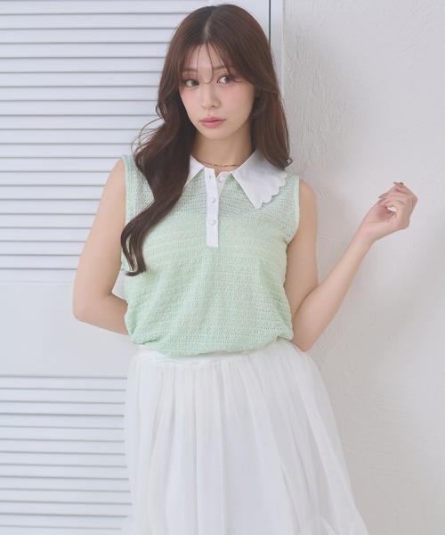 Ambre Neige(アンブルネージュ)の「bicolor polo sleeveless tops / ハイショクポロノースリーブトップス(ポロシャツ・レディース・ライトイエロー/グリーン/ネイビー・FREE)」の2枚目の写真