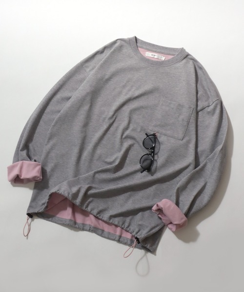 SITRY（シトリー）の「SITRY Double Face Mulch Function Drawcord T-shirt/別注 吸水速乾 抗菌 ダブルフェイス 配色 オーバーサイズ ドローコード ロールアップ 長袖Tシャツ ロンT レディース メンズ（Tシャツ/カットソー・メンズ・グレー/ベージュ/ネイビー/ブラック/アッシュ/チャコール・M/L/XL）」の3枚目の写真