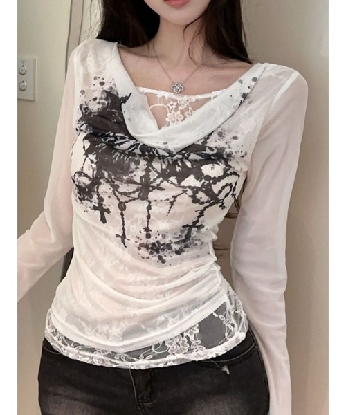 Bling Leads（ブリングリーズ）の「【Bls】 【ZL】【Bling Leads】シアーレースレイヤード ロンTEE（Tシャツ/カットソー・レディース・ホワイト・FREE）」の3枚目の写真
