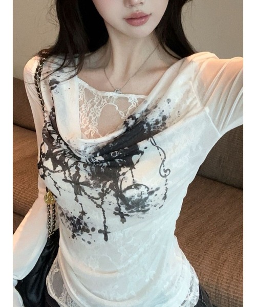 Bling Leads（ブリングリーズ）の「【Bls】 【ZL】【Bling Leads】シアーレースレイヤード ロンTEE（Tシャツ/カットソー・レディース・ホワイト・FREE）」の4枚目の写真