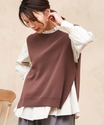[洗える]フリルハイネックブラウス×ニットベスト ツインセット